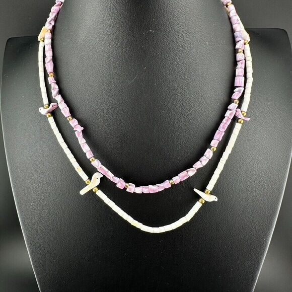 Vintage BIRD FETISH Necklace Purple & White Sea Shell Bead & Earrings - Picture 9 of 9